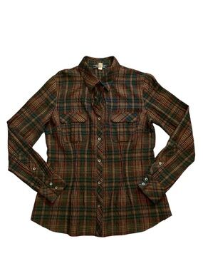 PERUVIAN CONNECTION Orange/Black Crinkle Plaid Button Up Shirt Pin Tuck Fitted S